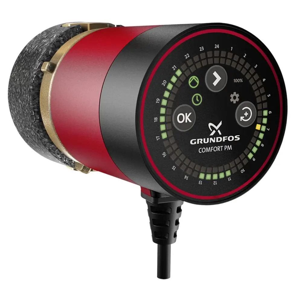Grundfos Umwälzpumpe mit runder Anzeige, Tasten für Einstellungen und Statusanzeige, montiert auf einem grauen Gehäuse mit einem schwarzen und roten Design.